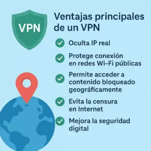 Infografía ilustrada que muestra las principales ventajas de usar un VPN, incluyendo protección en redes Wi-Fi públicas, acceso a contenido bloqueado, y mejora de la seguridad digital, con íconos de escudo, check verdes y un mapa global.