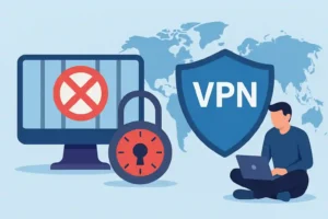 Ilustración digital que representa el uso de un VPN para evitar la censura en Internet, con elementos como un escudo VPN, un candado, una pantalla con símbolo de restricción y un mapa mundial de fondo.