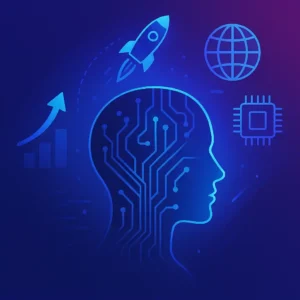 Ilustración futurista que representa el futuro de la tecnología emergente con silueta humana digital, microchip, cohete y símbolos de innovación global