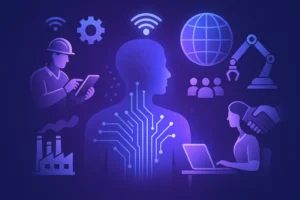 Ilustración conceptual del impacto de las tecnologías emergentes en la sociedad y el trabajo, con figuras humanas, circuitos digitales y símbolos industriales