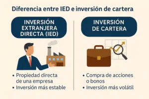 Comparación visual entre inversión extranjera directa (IED) e inversión de cartera, destacando que la IED implica propiedad directa y es más estable, mientras que la inversión de cartera consiste en la compra de acciones o bonos y es más volátil.