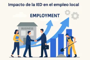 Ilustración que representa el impacto de la inversión extranjera directa (IED) en el empleo local, mostrando crecimiento empresarial, creación de empleos y colaboración económica.