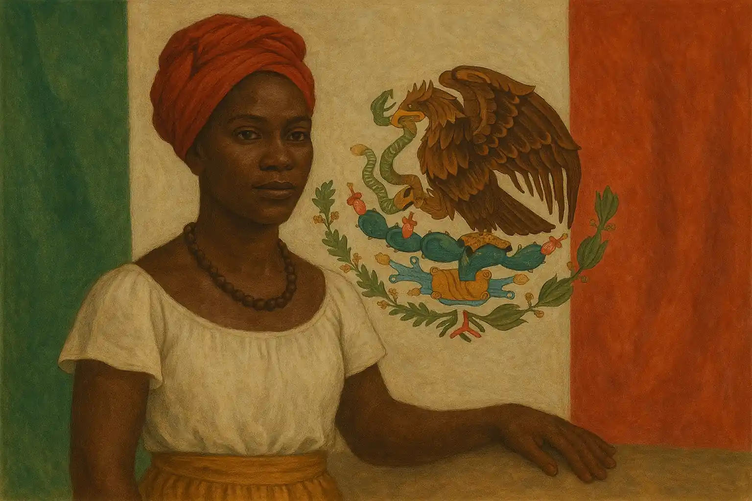 Retrato artístico de una mujer representando la población afromexicana en México, con la bandera nacional de fondo