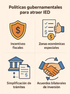 Infografía sobre políticas gubernamentales para atraer inversión extranjera directa (IED), incluyendo incentivos fiscales, zonas económicas especiales, simplificación de trámites y acuerdos bilaterales de inversión.