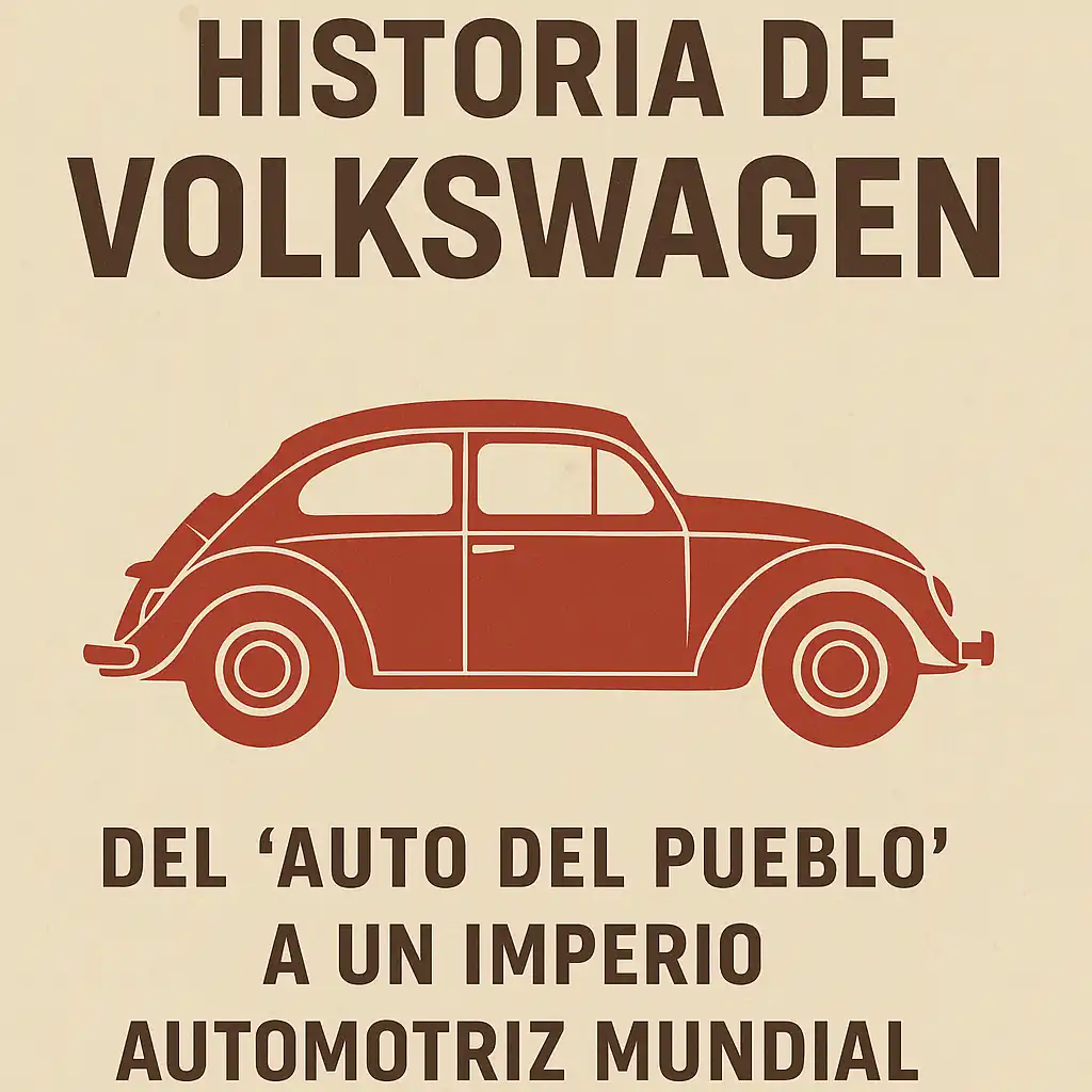 Ilustración vintage del Escarabajo rojo de Volkswagen con el título 'Historia de Volkswagen: del auto del pueblo a un imperio automotriz mundial
