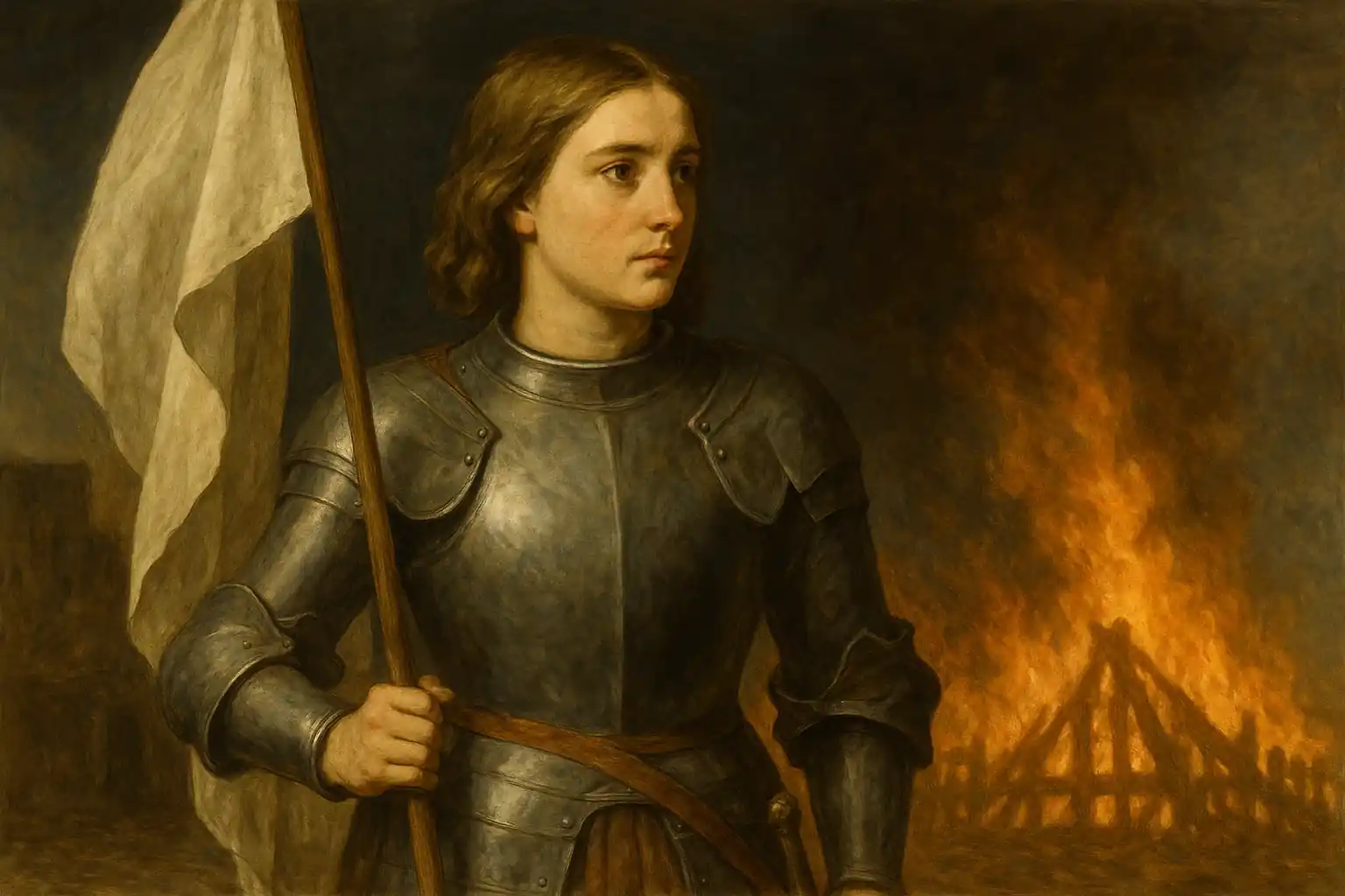 Juana de Arco historia completa con ilustración de la heroína francesa frente al fuego, vestida con armadura y bandera en mano.