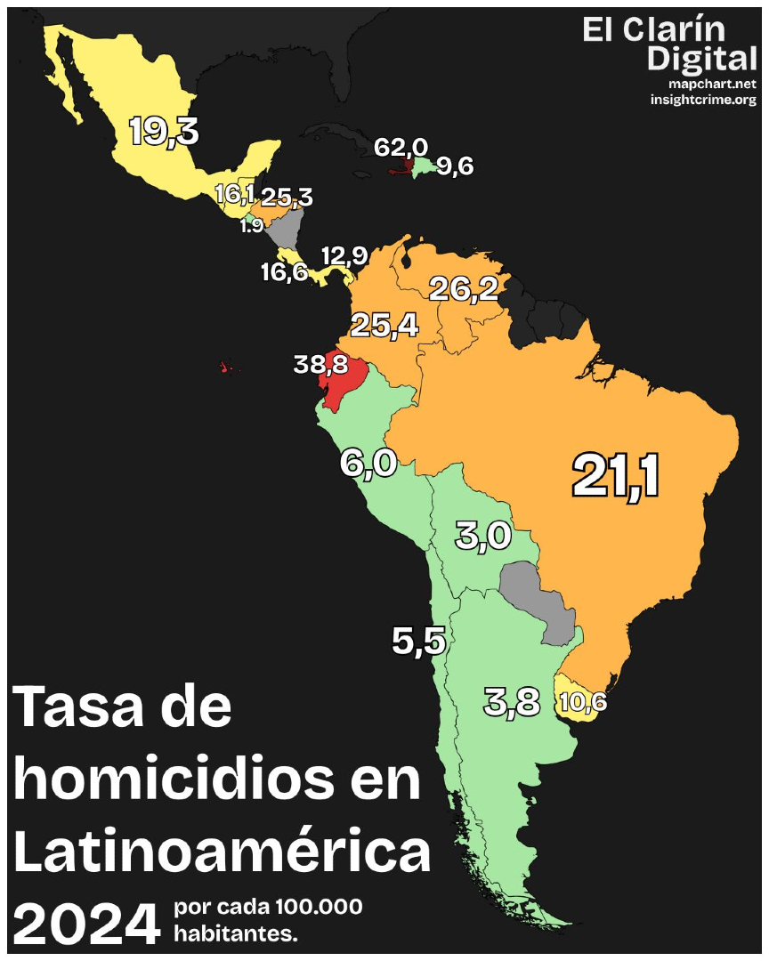 mapa que muestra violencia en América Latina 2024