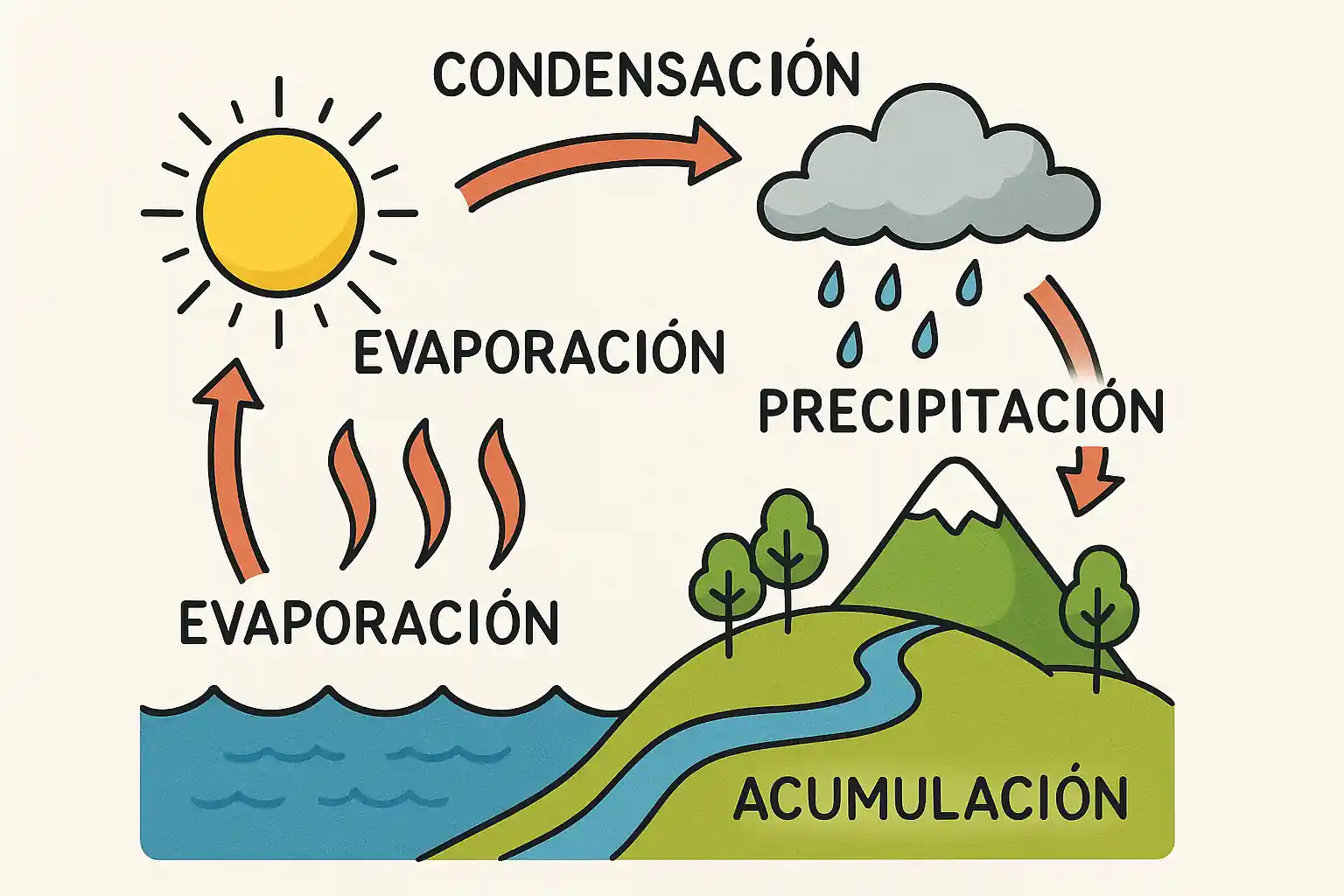 Diagrama ilustrativo del ciclo del agua mostrando evaporación, condensación, precipitación y acumulación