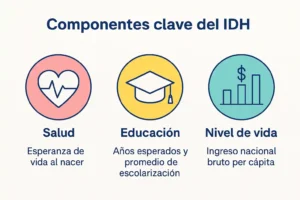 imagen ilustrativa que muestra los componentes clave en que es el idh
