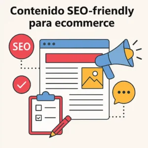 Infografía sobre contenido SEO-friendly para ecommerce con iconos de SEO, megáfono, página web, y lista de verificación.