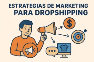 Ilustración de estrategias de marketing para dropshipping con íconos de publicidad, ventas, redes sociales y targeting.