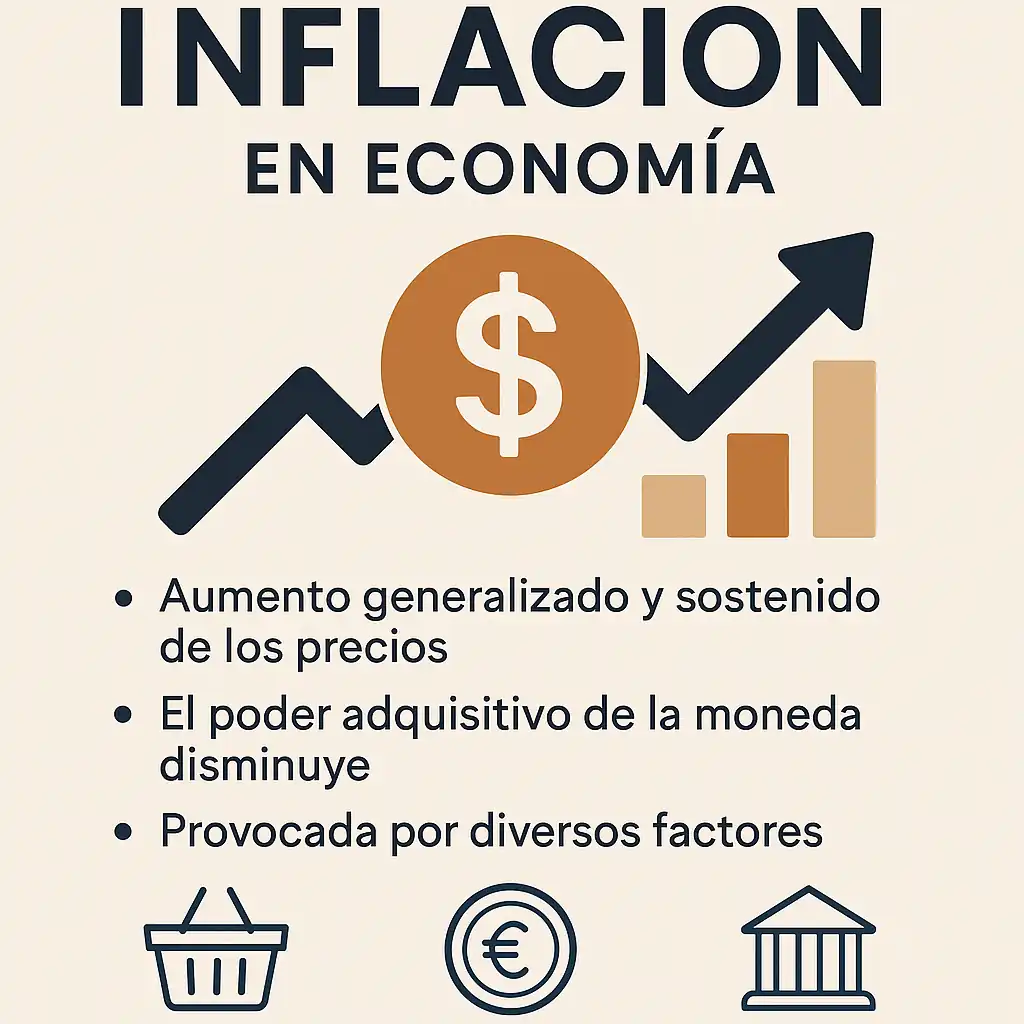 Texto alternativo (alt text): Infografía educativa en español que explica qué es la inflación en economía, con íconos de dinero, gráfico ascendente y puntos clave