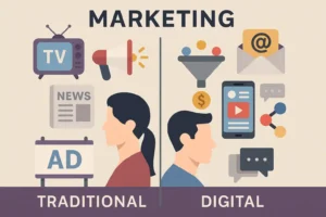 Ilustración comparativa entre marketing tradicional y digital con íconos de televisión, periódicos y vallas publicitarias frente a redes sociales, email, y embudo de conversión.
