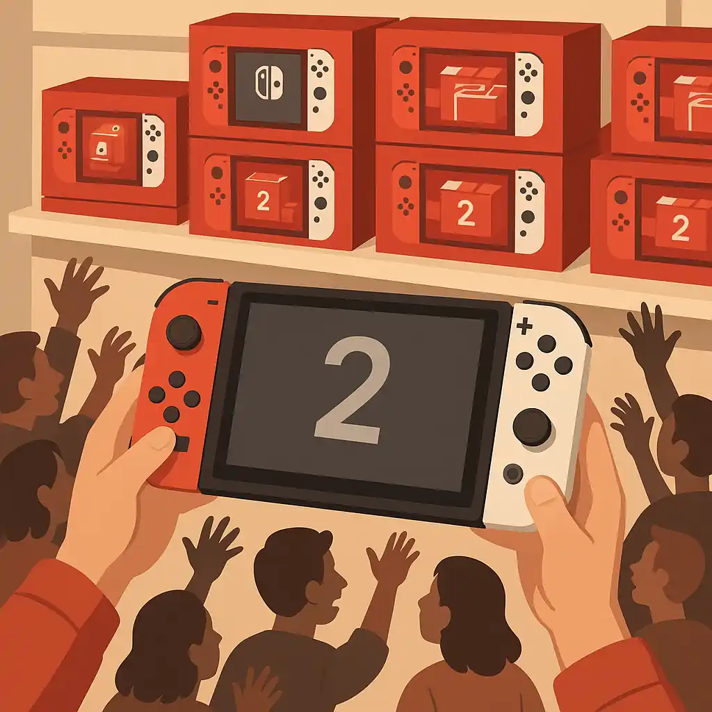 nintendo_switch_2_demand Alta demanda de la Nintendo Switch 2 con jugadores esperando para comprar la consola en tiendas.