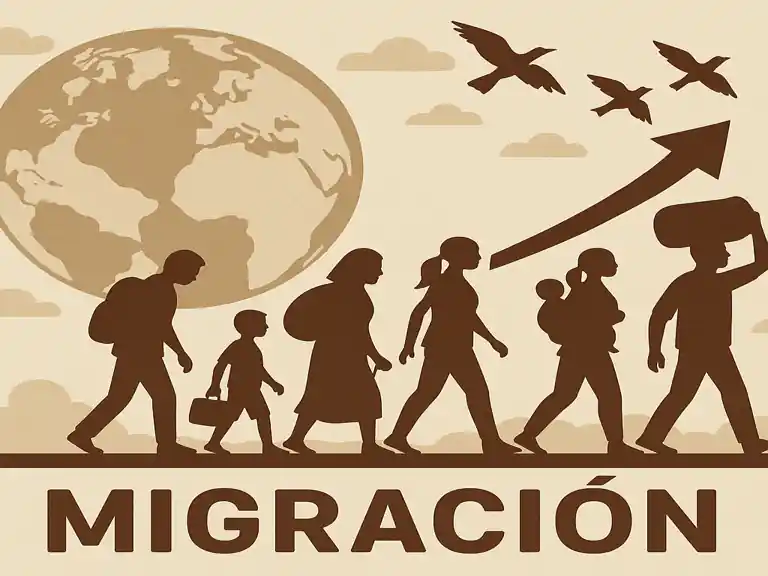 Ilustración representativa de qué es la migración, mostrando a varias personas caminando con pertenencias y un globo terráqueo de fondo, simbolizando el movimiento humano entre países