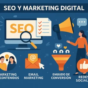Infografía sobre SEO y marketing digital con ilustraciones de email marketing, embudo de conversión, redes sociales y marketing de contenidos.