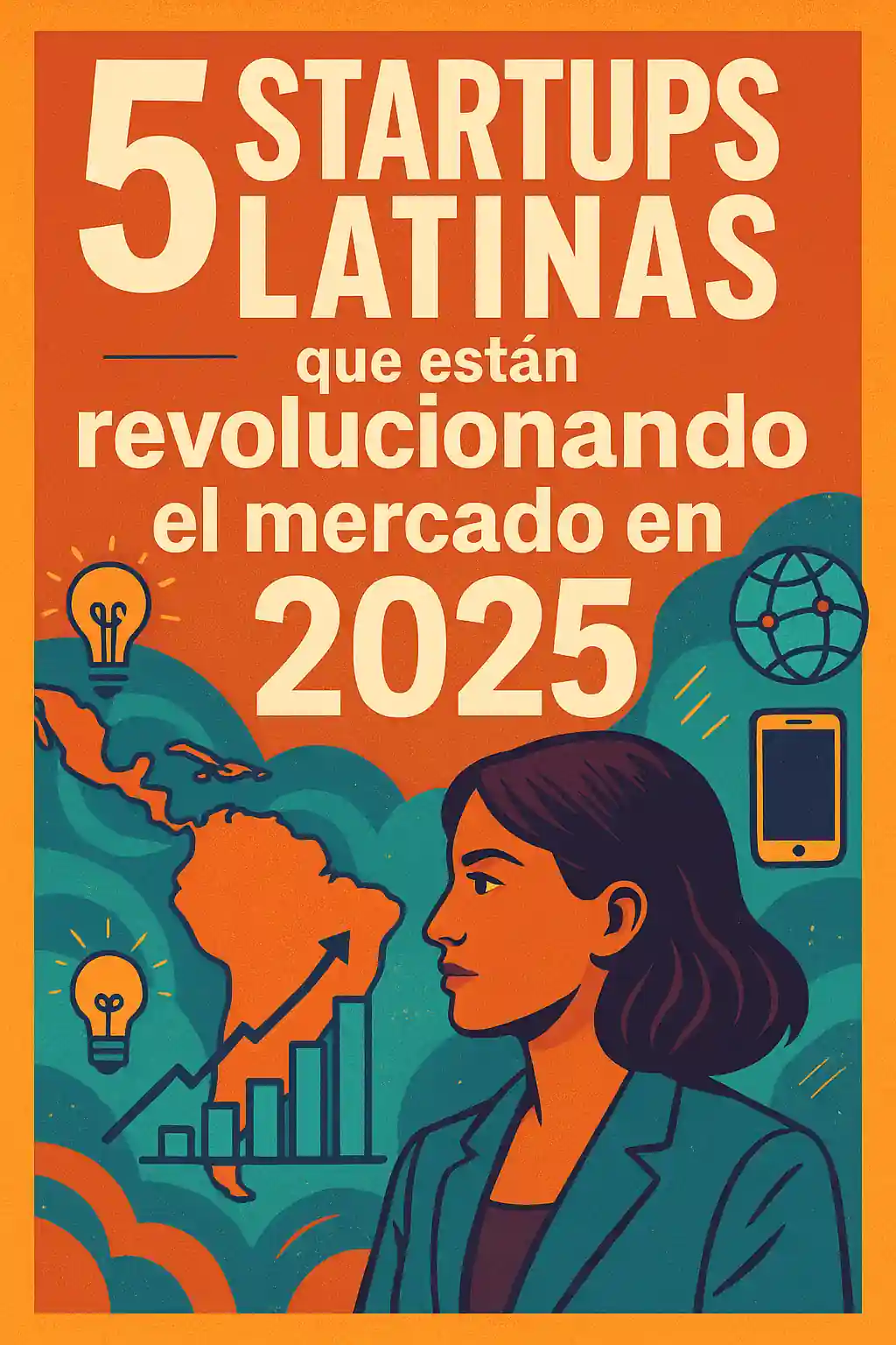 startups_latinas_2025_final Ilustración digital que representa el artículo "Startups Latinas que están revolucionando el mercado en 2025", mostrando una mujer emprendedora frente a un mapa de América Latina con íconos de tecnología, innovación y crecimiento económico, en un estilo gráfico vibrante y moderno.