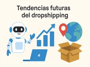 Ilustración de tendencias futuras del dropshipping con robot, laptop, gráfico de crecimiento, globo terráqueo y caja de envío.