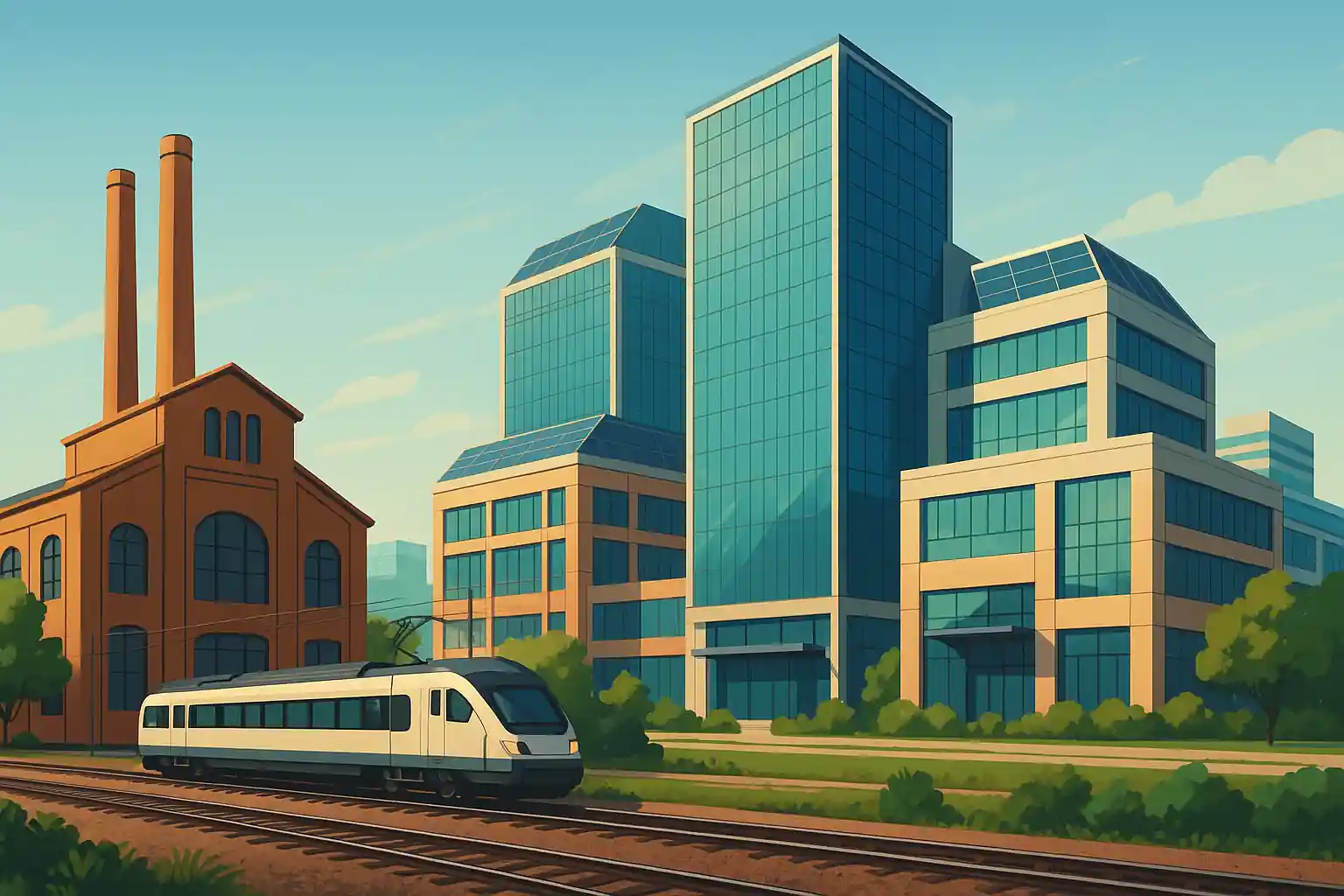 azcapotzalco_ilustracion Ilustración panorámica de Azcapotzalco con vías de tren, edificios modernos y zonas verdes, representando su transformación en un centro tecnológico y urbano.