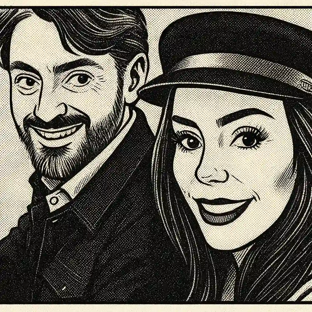 ilustracion_periodico_comic_50kb Ilustración en blanco y negro estilo periódico cómic de una pareja elegante. Él lleva barba y sonrisa leve con chaqueta oscura, mientras ella luce cabello largo, labios pintados y gorra tipo marinera. El trazo muestra textura de tinta y sombreado punteado clásico de impresión.