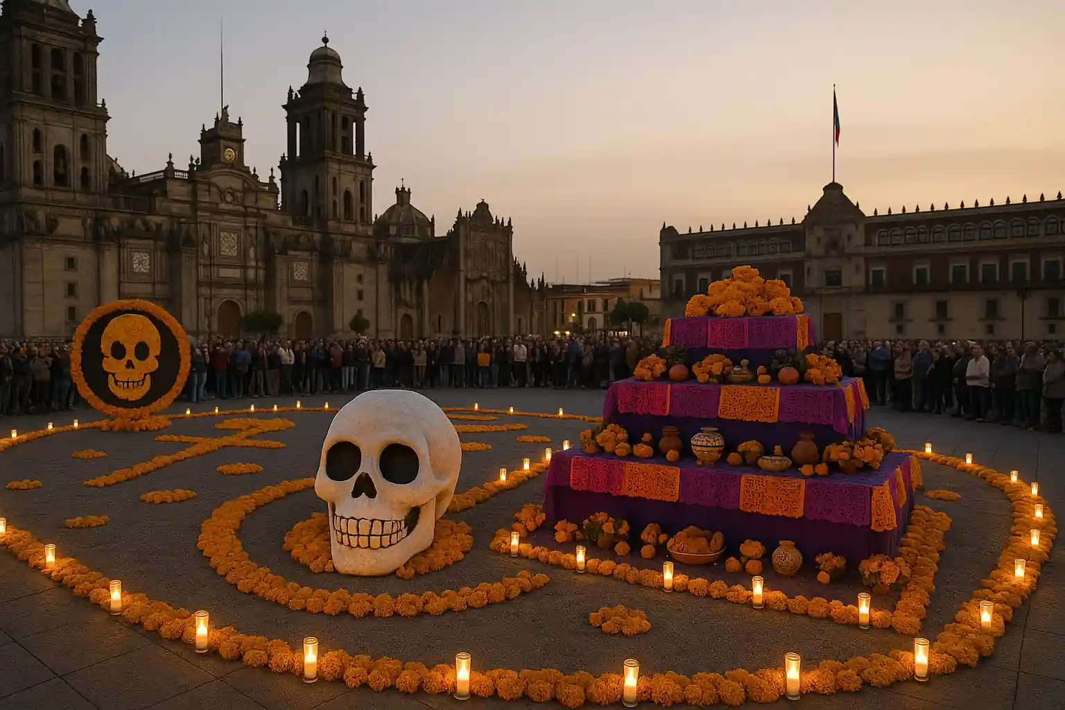 mega_ofrenda_zocalo_2025_optimized Vista panorámica de la Mega Ofrenda del Zócalo 2025 con elementos prehispánicos y flor de cempasúchil iluminada al anochecer.