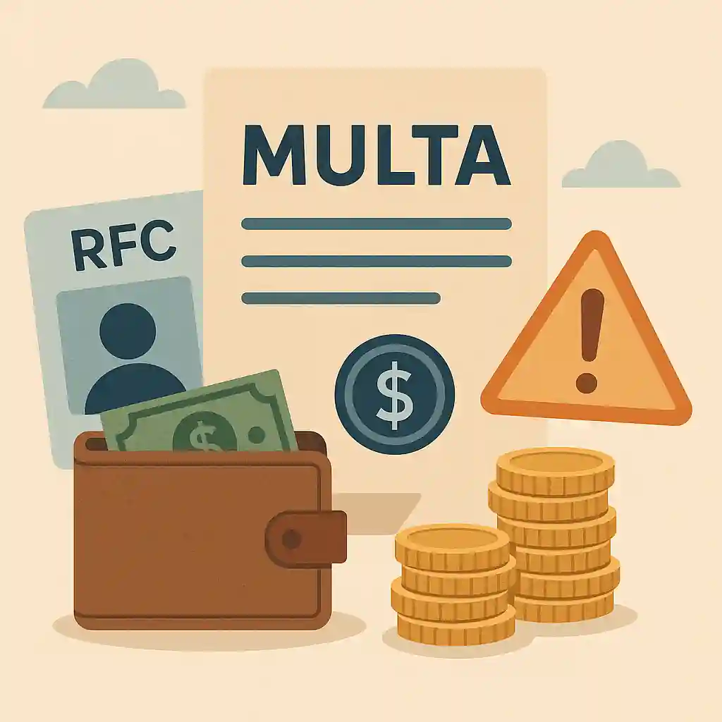 multa-sat-rfc Ilustración que representa la multa del SAT por no tramitar el RFC, mostrando dinero, documentos y advertencia sobre sanciones fiscales en México.