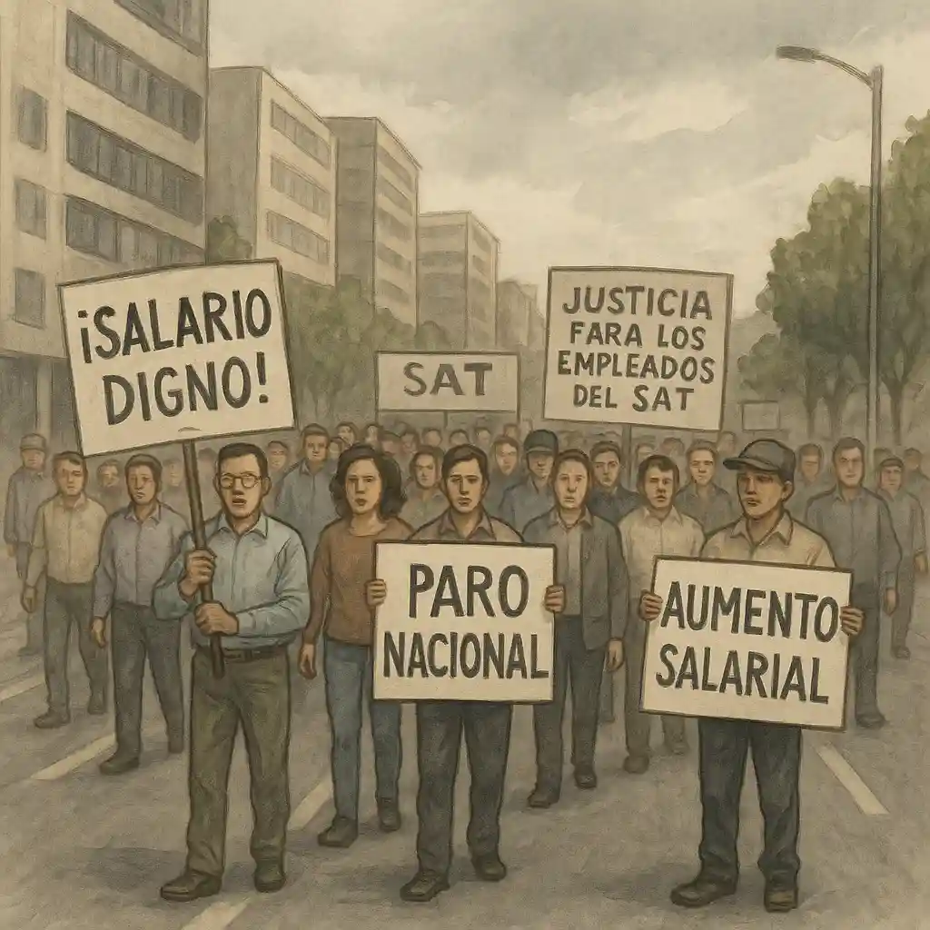 Trabajadores del SAT protestando en la Ciudad de México durante el paro nacional de 2025, ilustración periodística sin texto.