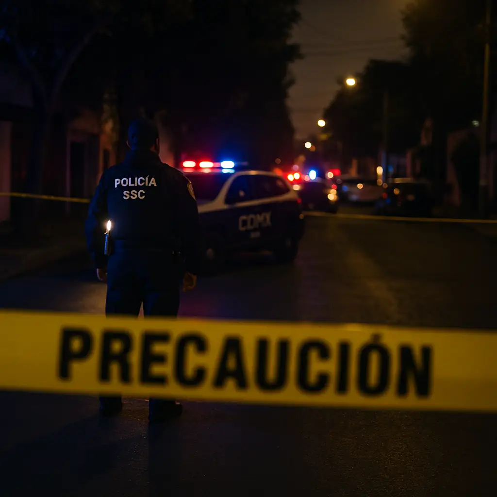 percepcion-inseguridad-cdmx Escena nocturna en la Ciudad de México con cinta de precaución y patrullas de la SSC, ilustrando la percepción de inseguridad en CDMX.