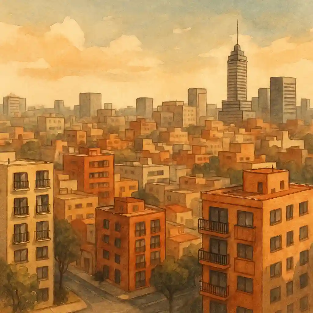 Vista urbana ilustrada de edificios y departamentos en la Ciudad de México al atardecer, representando el aumento de rentas en 2025.