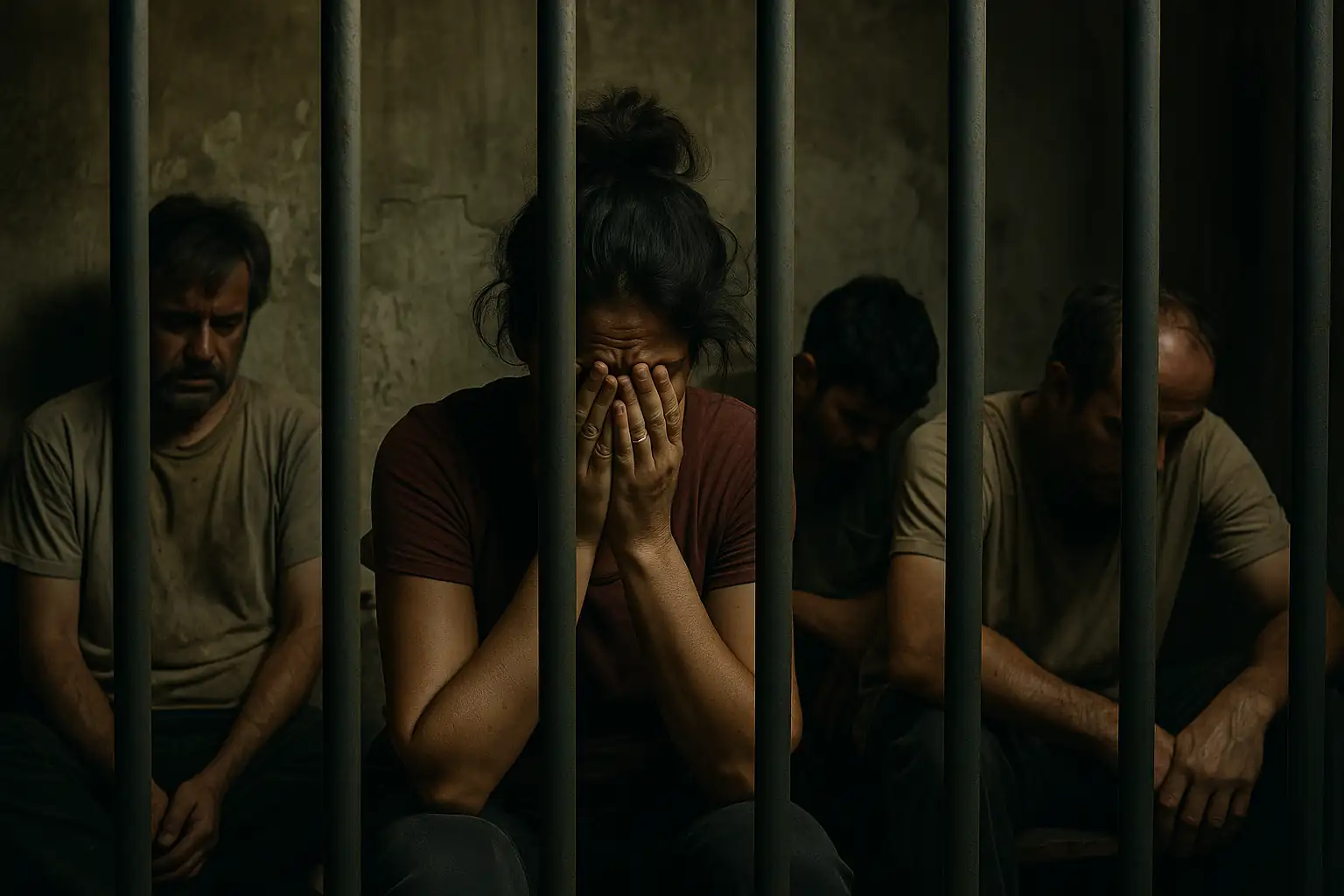 Ilustración simbólica que representa el rescate de víctimas de trata en la Ciudad de México; personas con expresión de angustia detrás de rejas, simbolizando la privación de libertad y la esperanza de liberación.