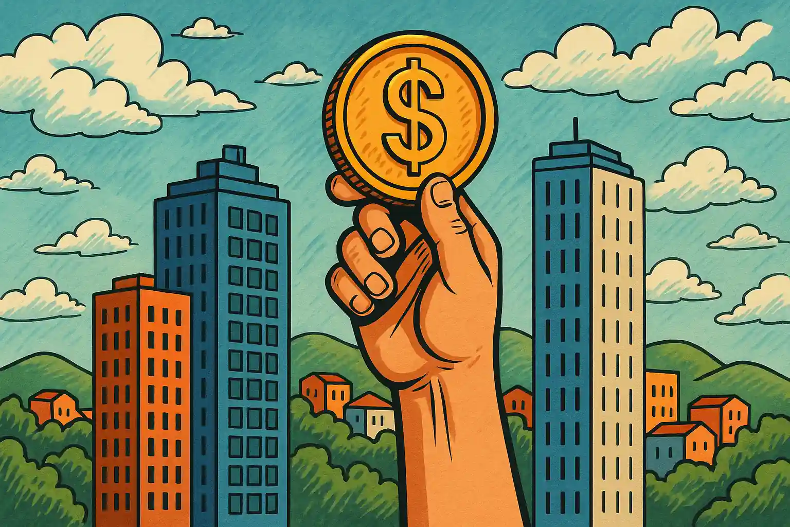 ciudades-mexicanas-mas-caras Ilustración estilo cómic que representa el mercado inmobiliario de las ciudades mexicanas más caras, con edificios modernos, colorido urbano y símbolo de valor económico.