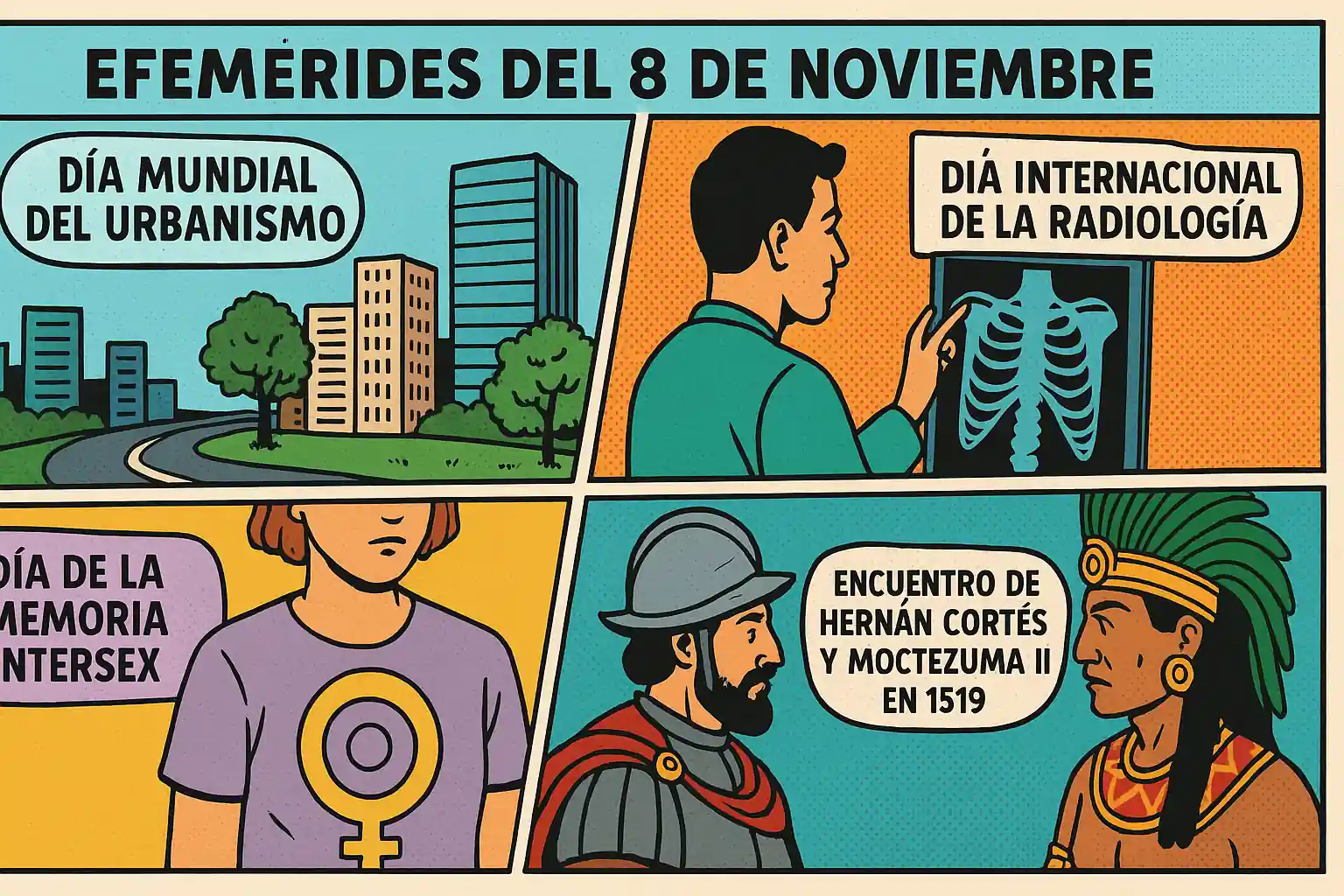 efemerides-8-noviembre-final “Ilustración estilo cómic sobre las efemérides del 8 de noviembre en México y el mundo, mostrando el Día Mundial del Urbanismo, el Día Internacional de la Radiología, la Memoria Intersex y el encuentro entre Hernán Cortés y Moctezuma II.”