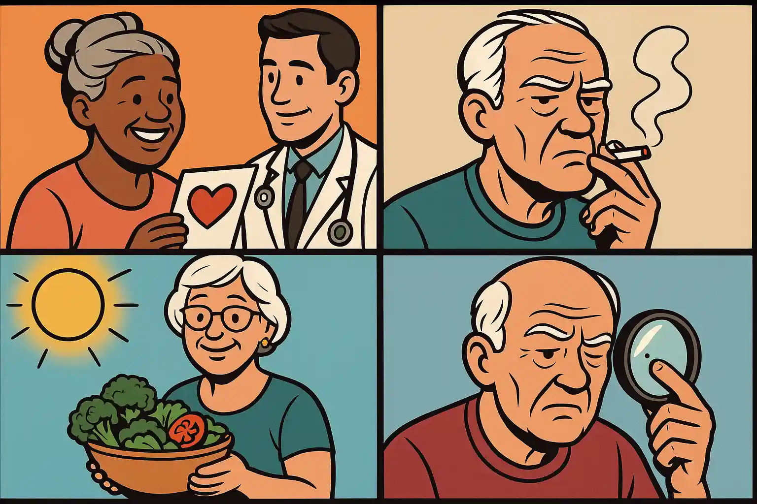 Mujeres viven más que los hombres: ilustración estilo cómic en cuatro viñetas 4:3 que compara hábitos de salud entre mujeres que acuden al médico y mantienen una alimentación sana, frente a hombres que fuman o revisan problemas en la piel.