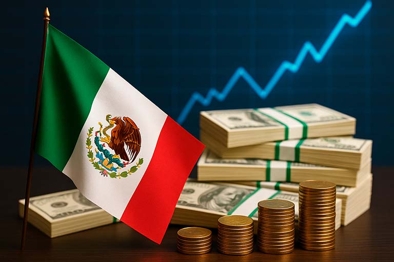 recort historico IED mexico 3t Imagen que representa el aumento de la IED en México, con una bandera de México junto a pilas de dólares y monedas frente a una gráfica ascendente.