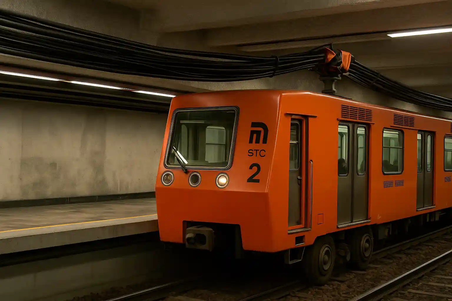 metro_tiny Cableado de la Línea 2 del Metro renovado mientras un tren avanza por los andenes de la CDMX