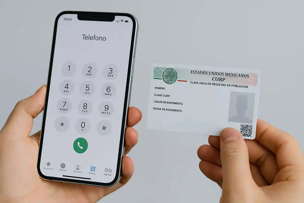 registro_telcel_curp_celular Persona sosteniendo un teléfono móvil y una tarjeta CURP, ilustrando el registro obligatorio de líneas Telcel mediante identificación oficial en México.