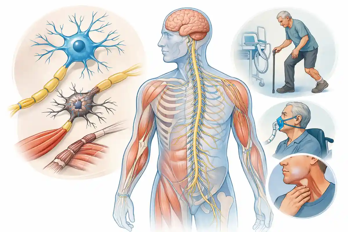 Ilustración médica de la esclerosis lateral amiotrófica mostrando neuronas motoras dañadas y pérdida progresiva de fuerza muscular.