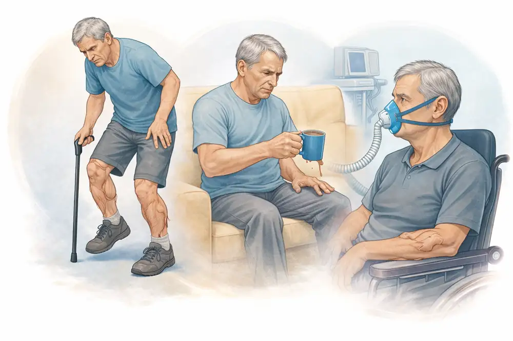 Ilustración médica de la esclerosis lateral amiotrófica mostrando debilidad en piernas, dificultad para sostener objetos y uso de asistencia respiratoria en fase avanzada.