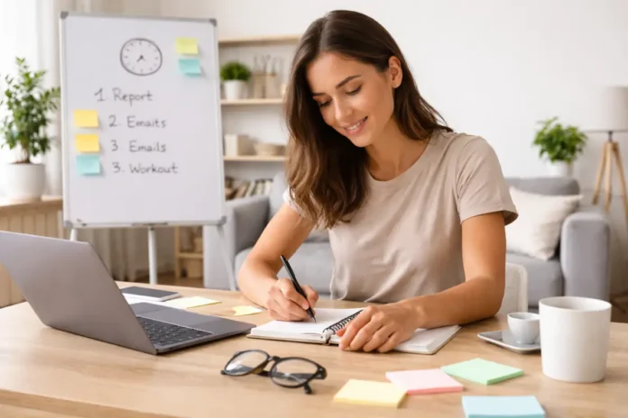 Mujer organizando su agenda en escritorio con laptop y notas, representando cómo organizar mejor mi tiempo y mejorar la productividad diaria.