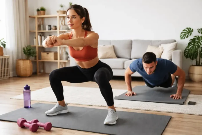 rutina_ejercicio_en_casa Mujer haciendo sentadillas y hombre realizando lagartijas en una sala, entrenamiento en casa sin equipo, ambiente realista y luminoso. Rutina de ejercicio en casa