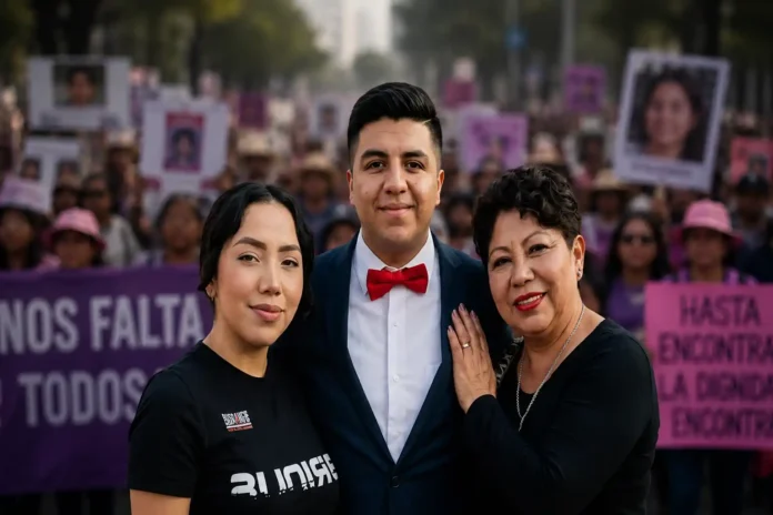 Patricia Acosta Rangel y Katia Citlalli Jáuregui posan junto a un familiar, mientras al fondo aparece una marcha desenfocada de colectivos de búsqueda y madres buscadoras en Salamanca, Guanajuato.