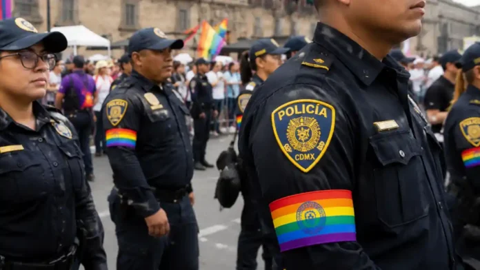 policías con brazaletes arcoíris
