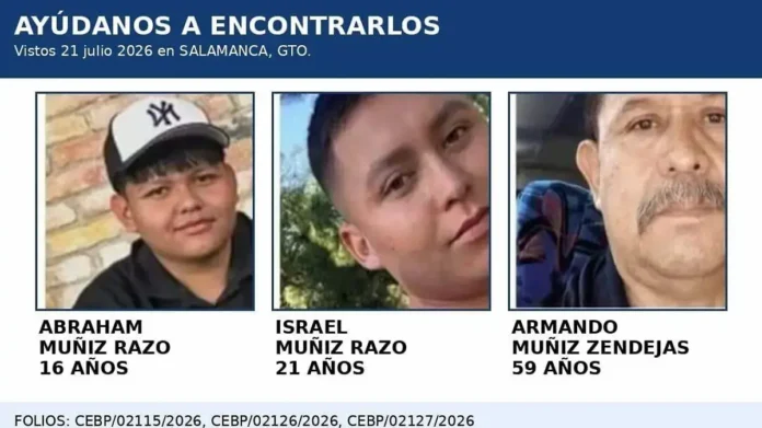 Fichas de búsqueda de Abraham, Israel y Armando Muñiz, desaparecidos en Salamanca, Guanajuato, el 21 de julio de 2026. / Foto: Cortesía / Comisión Estatal de Búsqueda